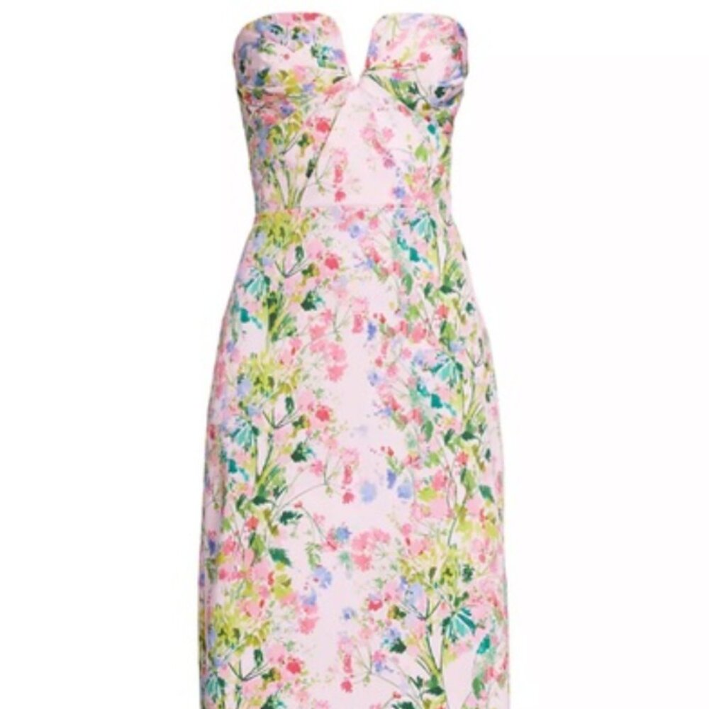 ML Monique Lhuillier Lily Sweetheart Faille Midi-Dress Pink Floral (Size 8)